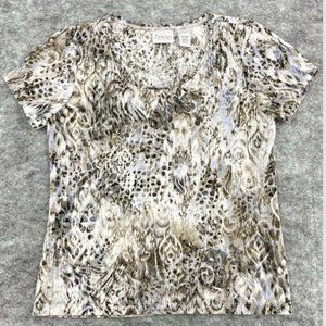 Chicos Synergy Womens Top Size 0 Small White Print Feather Short Sleeve Shirt